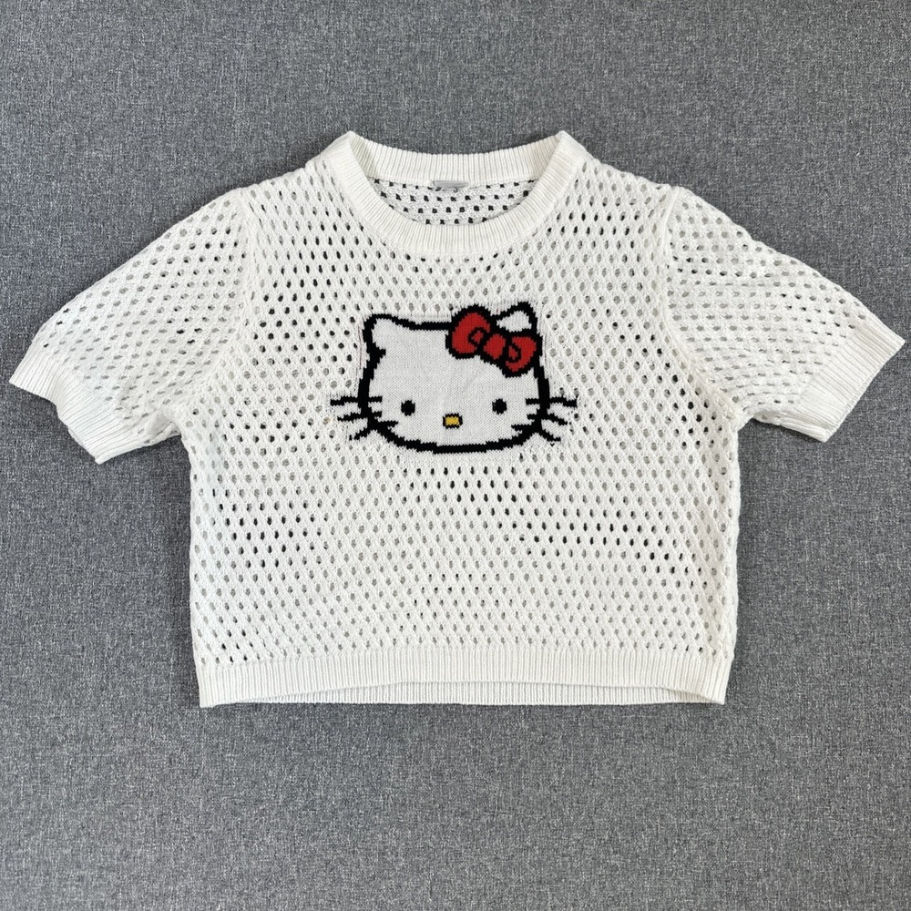 Hello Kitty White Open Knit‎ Mesh Sweater Womens Medium Cropped Short Sleeve